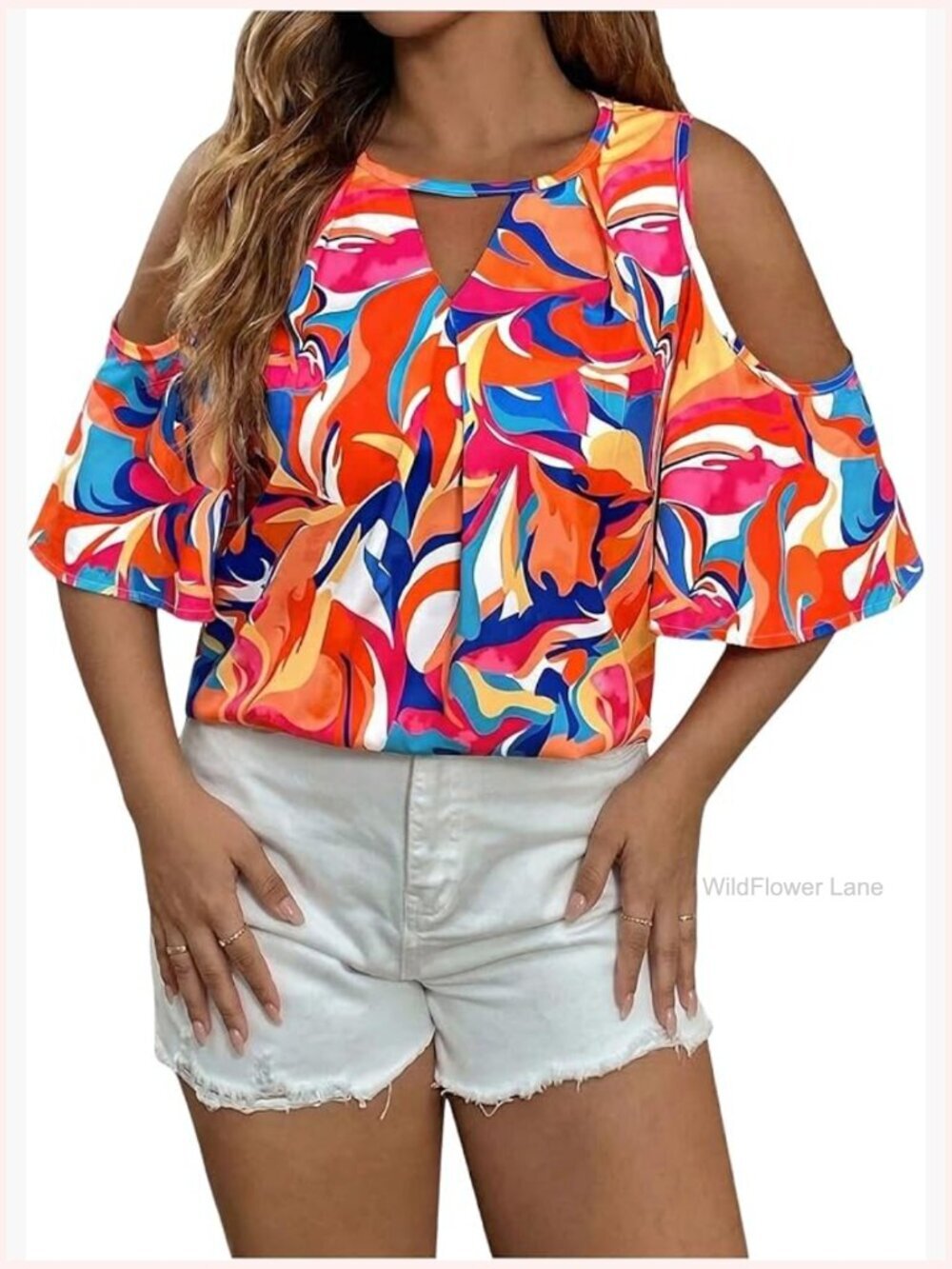Plus Size Cold Shoulder Printed Blouse with Keyhole Back